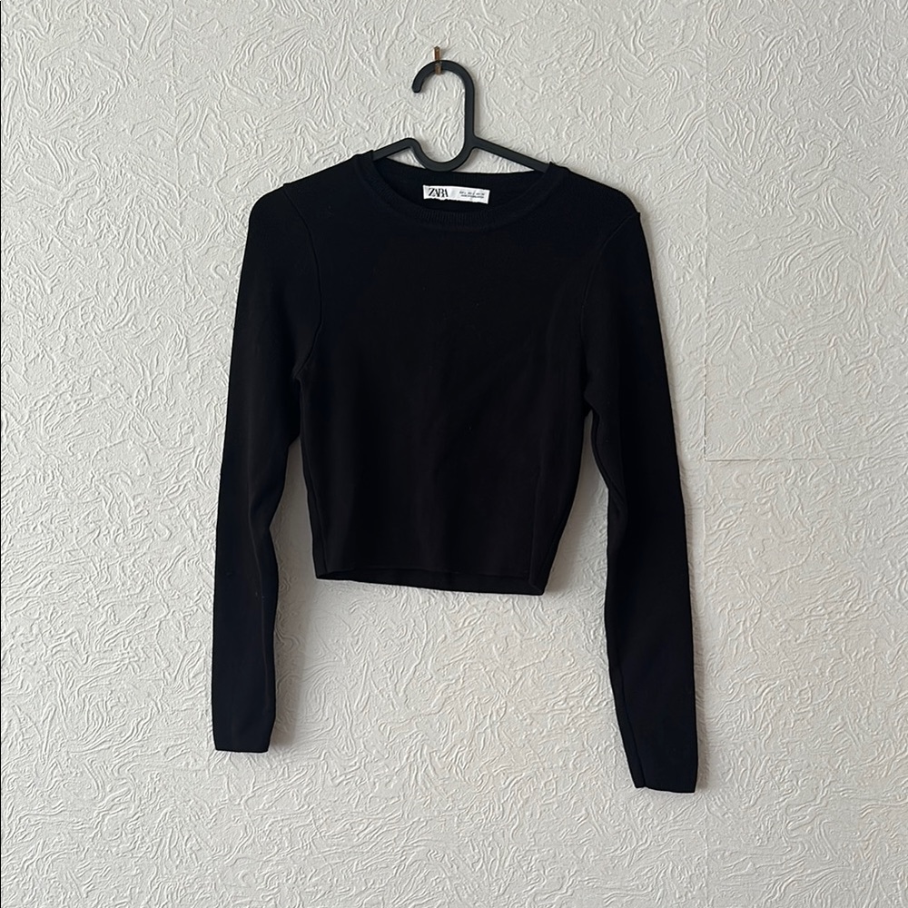 Zara Black Fitted Long Sleeve Crop Top